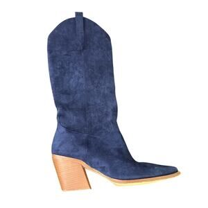 Blue suede western-style boots stacked block heel stitched pattern Size 9.5